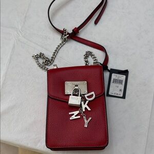 DKNY Cherry Red Crossbody Bag with Silver Chain